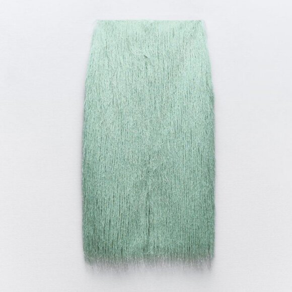 Zara Fringed Midi Skirt pencil straight Sea Green M NWT - Picture 3 of 9